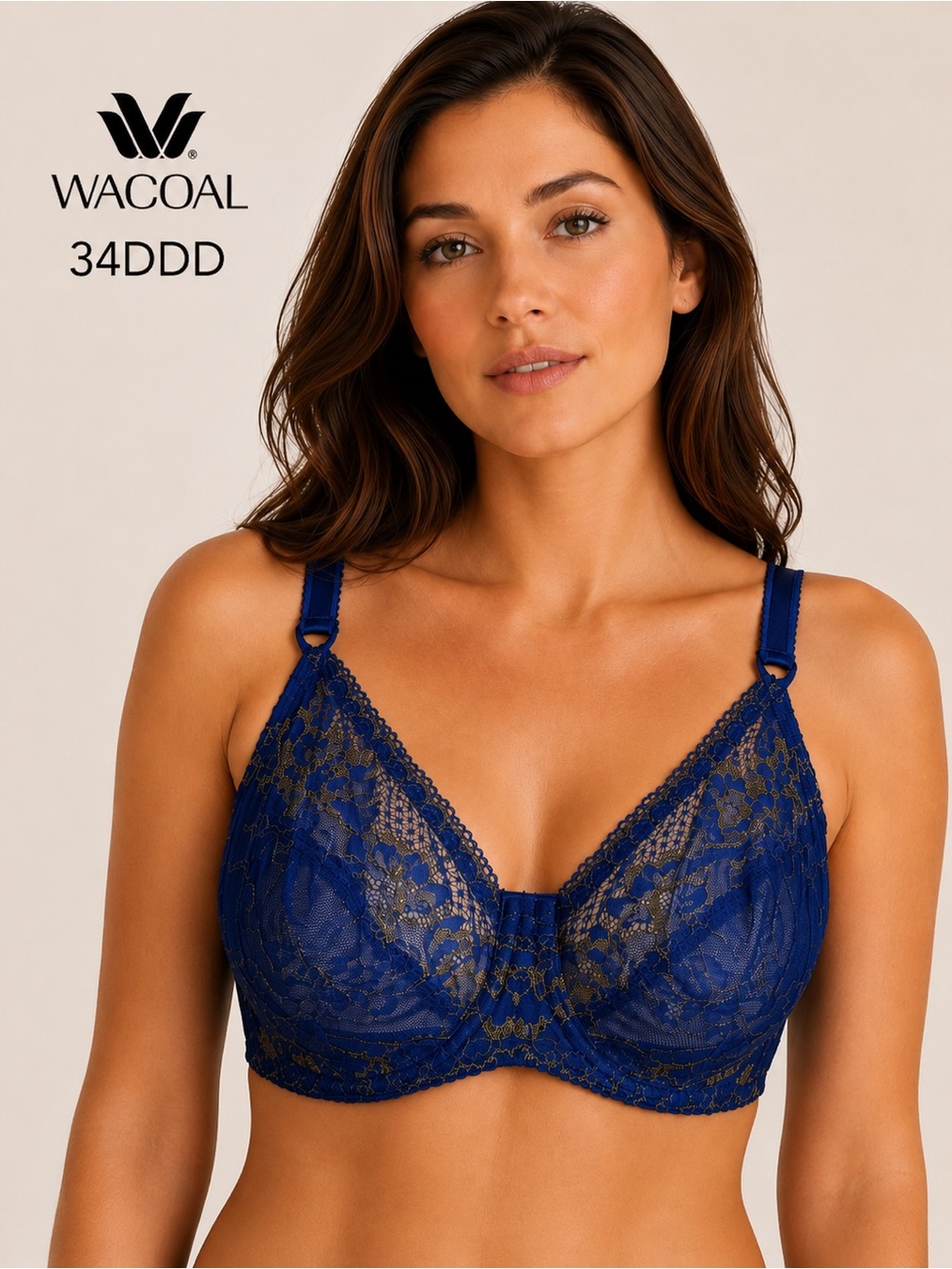 Wacoal Blue Lace Underwire Bra US 34DDD Sheer Floral Lace Lingerie feminine
